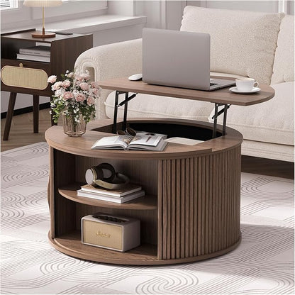 SULIVES Round Coffee Table with Lifting Top, Multifunctional Drum Coffee Table with Sliding Door, Small Fluted Center Table for Living Room, Walnut