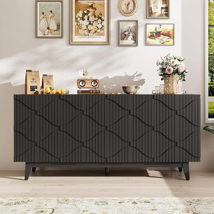 Buffet Cabinet with Storage, Distressed Storage Cabinet with 4 Carved Doors and Adjustable Shelf, Wooden Accent Sideboard Buffet Cabinets for Kitchen, Living Room, Entryway, Black