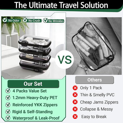 YQBRAO 4-Pack Clear Hard Shell Zipper Case, 1.2mm Ultra-Thick Diaper Bag Organizer Pouches, Rigid Self-Standing Travel Makeup Bags with YKK Zippers, TSA Approved, Black