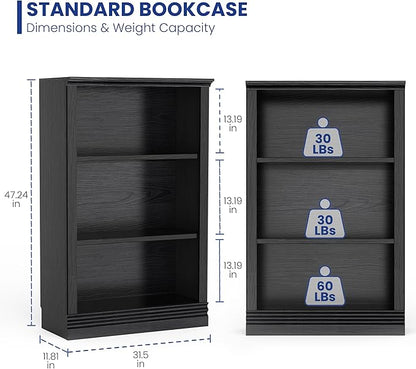 3-Shelf Bookcase, 47" Tall Floor Standing Bookshelf with Adjustable Shelves, Storage & Display Shelf for Living Room, Bedroom, Home Office – Black, 31.5" Wide