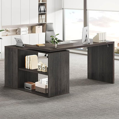 HSH L Shaped Computer Desk with Drawers, 360 Rotating L Shape Desk with Storage Cabinet Shelves, Industrial Home Office Desk for Executive Writing Study Work, Dark Wood Table Swivel Desk, Gray 55 Inch