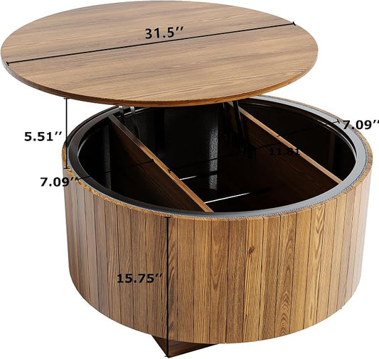 kepptory Round Lift Top Coffee Table with LED Lights, Mid Century Modern Wooden Coffee Tables with 3 Storage Space, Circle Center Table for Living Rooms,Dining Room,Bedroom Home Office,APP LED Lights