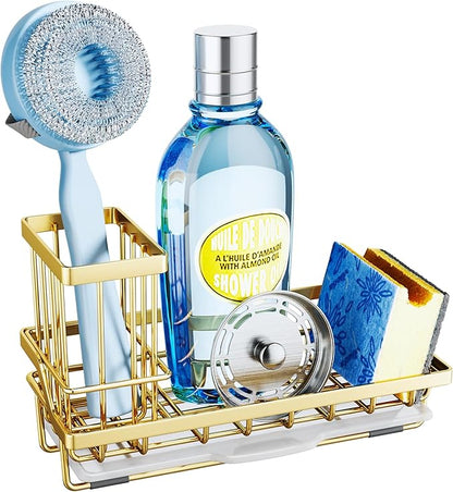 SWTYMIKI Sink Caddy Kitchen Sink Organizer with Detachable Brush Holder, Stainless Steel Sponge Holder with Removable Drip Tray Sponge Caddy for Kitchen Countertop, Gold
