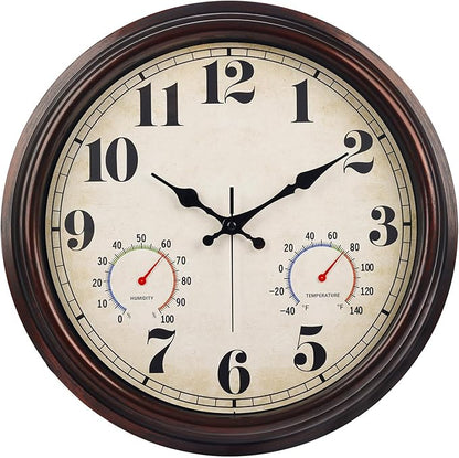 JENLYSTIME 16 Inch Dark Brown Vintage Wall Clock with Thermometer & Hygrometer - Waterproof Decorative Indoor/Outdoor Clock with Large Numerals & Silent Sweep Movement - Ideal for Porch, Garden, Pool