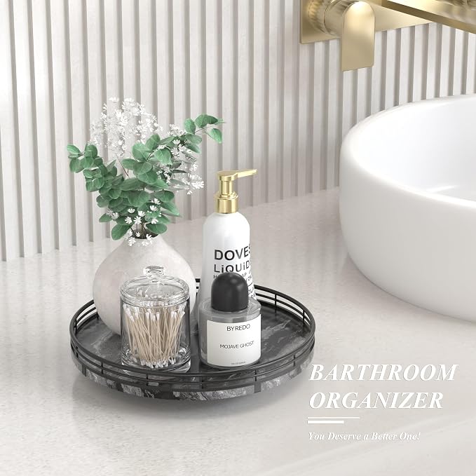Marble Lazy Susan Turntable for Table Top – 10” Round Ancient Wood Grain Marble Tray Organizer for Dining Table, Kitchen Countertop & Bar, Luxury Stone Serving Tray with Black Iron Frame