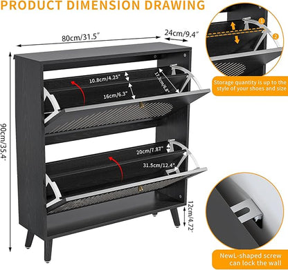 Shoe Storage Cabinet for Entryway with 2 Flip Drawers, Narrow Wood Shoe Cabinet with Fluted Panel, Freestanding Hidden Shoe Organizer for Foyer, Hallway (Black - with Shelf)