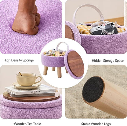 Wimarsbon Storage Ottoman, Modern Round Footrest with Soft Padded Seat, Teddy Velvet Footstool with Wood Legs, Accent Small Table or Plant Stand for Hallway, Living Room (Purple)