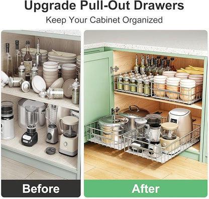 Stainless Steel Pull Out Cabinet Organizer(11.8"W x 16.5"D x 4.7"H)-1 Pack, Minimalist Design Frame, Full-Extension Slide Rails, Easy Installation for Pantry Organizers or Kitchen Cabinet Organizer