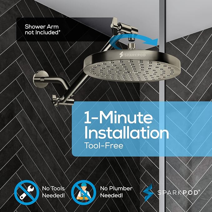 SparkPod Rain Shower Head, 8 Inch Round | High Pressure Shower Heads, 90 Nozzle (Touch-to-Clean), Adjustable Showerhead, No-tool Universal Connection