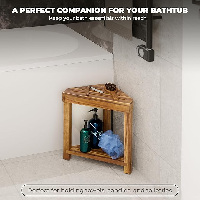 BLUEWEST 16.4" Corner Shower Stool with Storage Shelf, Acacia Wood Shower Foot Rest for Shaving Legs, Small Water-Resistant Bathroom Bench for Inside Shower, Wooden Bath Seat for Small Shower Spaces