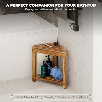 BLUEWEST 16.4" Corner Shower Stool with Storage Shelf, Acacia Wood Shower Foot Rest for Shaving Legs, Small Water-Resistant Bathroom Bench for Inside Shower, Wooden Bath Seat for Small Shower Spaces