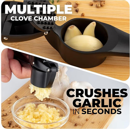 Zulay Kitchen Premium Garlic Press Set – Rust Proof & Dishwasher Safe Garlic Mincer Tool with Silicone Garlic Peeler & Brush, Easy Squeeze & Clean, Ergonomic Soft Grip Handle - Medium – Black