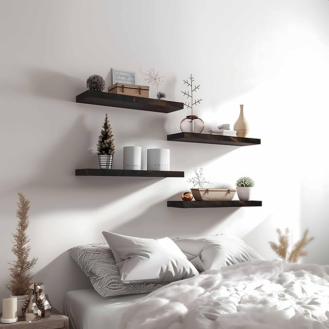 YYWUOJJ Wood Floating Shelves for Wall Decor, Rustic Wall Shelves for Bedroom Bathroom Kitchen Living Room, Set of 6 Walnut