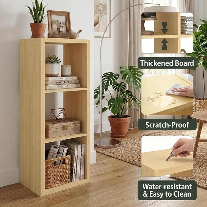WannabeMyself【2026 Wooden Thick Frame】 3 Cube Storage Organizer with Anti-Tipping Kits, Reversible Open Back Book Shelf,Bookcase for Living Room,Bedroom,Entrance Hall,Office,11.6×36.3×13.1,Oak Color