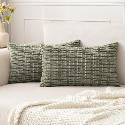 MIULEE Pack of 2 Corduroy Decorative Lumbar Throw Pillow Covers 20x12 Inch Soft Boho Striped Pillow Covers Modern Farmhouse Home Decor for Summer Sofa Living Room Couch Bed Light Olive Green