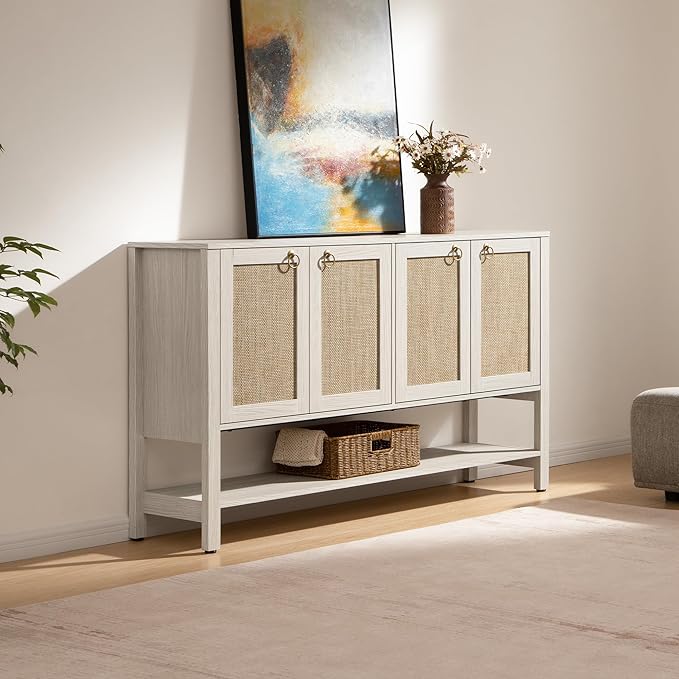 SICOTAS Rattan Sideboard Buffet Cabinet with Open Storage - Large Storage Cabinet with 4-Doors and Adjustable Shelves, Boho Credenza Coffee Bar Cabinets Buffet Table Console Table for Kitchen,Hallway