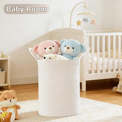Tall Laundry Basket with Handles, 58L Portable Dirty Clothes Hamper, Boho Cotton Rope Storage Bin for Blankets Kids Toys Gifts, Decorative Organizer for Baby Nursery Bedroom Bathroom, White