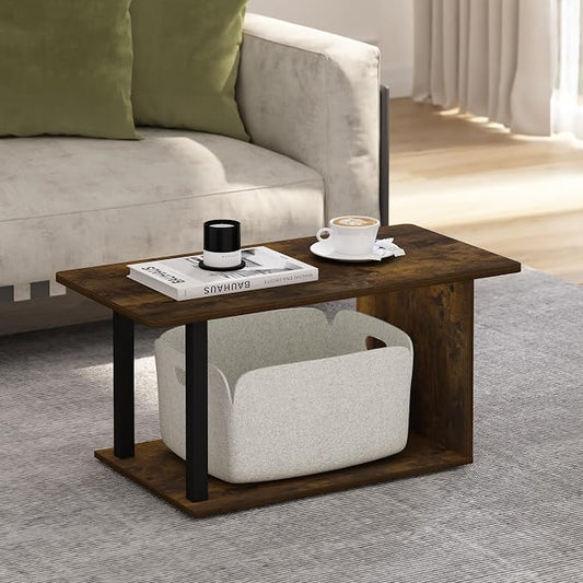 Furinno Basic Coffee Table, 2-Tier Modern Coffee Table with Open Shelf, Easy Assembly Side Table, for Living Room, Bedroom, Home Office, Amber Pine
