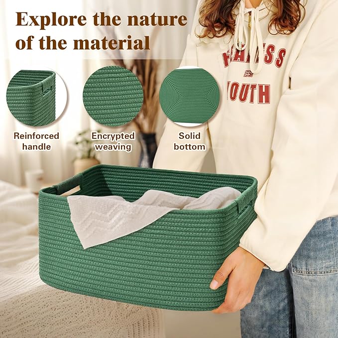 2 Pack Large Storage Basket for Organizing, 17.5"x13.5"x7.5" Woven Basket for Shelves, Closet Cube Storage Bins with Wrapped Handle, Cotton Rope Baskets for Kitchen, Clothes, Toys(Green)