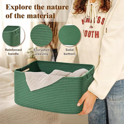 2 Pack Large Storage Basket for Organizing, 17.5"x13.5"x7.5" Woven Basket for Shelves, Closet Cube Storage Bins with Wrapped Handle, Cotton Rope Baskets for Kitchen, Clothes, Toys(Green)