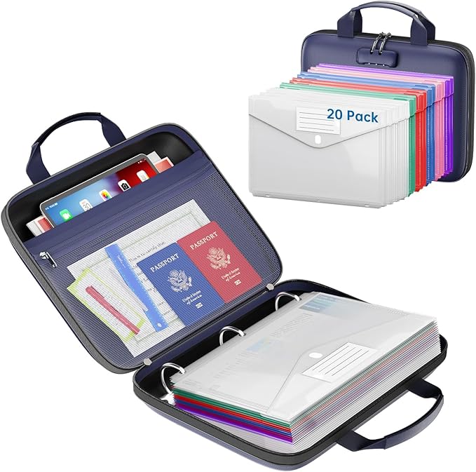 Binder Folders Organizer with 20 Pack Heavyweight Plastic Pockets,Fireproof File Folder Box with Lock,Zipper Binder Bag for Important Documents,Letter Size,Blue