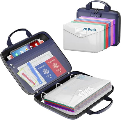 Binder Folders Organizer with 20 Pack Heavyweight Plastic Pockets,Fireproof File Folder Box with Lock,Zipper Binder Bag for Important Documents,Letter Size,Blue