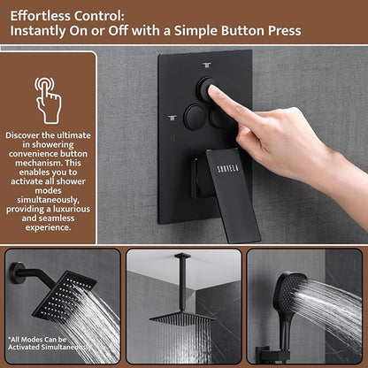 Shower System Matte Black Ceiling Mount Shower Faucet Set with 10 Inch Shower Head, Push Button Diverter Shower Fixtures with 3 in 1 Handheld,6 Inch Shower Head【All Functions Simultaneous Use】