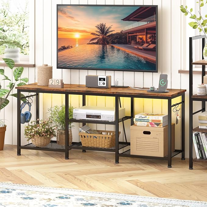 YGEOMER TV Stand for Up to 50 Inch Tvs, Entertainment Center with Outlet Led Lights Open Storage Shelves, TV Consoles for Living Room Bedroom, Rustic Brown