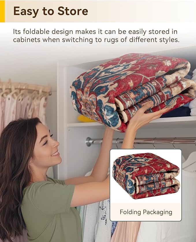 RELEANY Area Rugs 4'x6' Washable Non-Slip, Floral Vintage Distress Medallion Carpet for Living Room Bedroom Dining Room, Red Blue