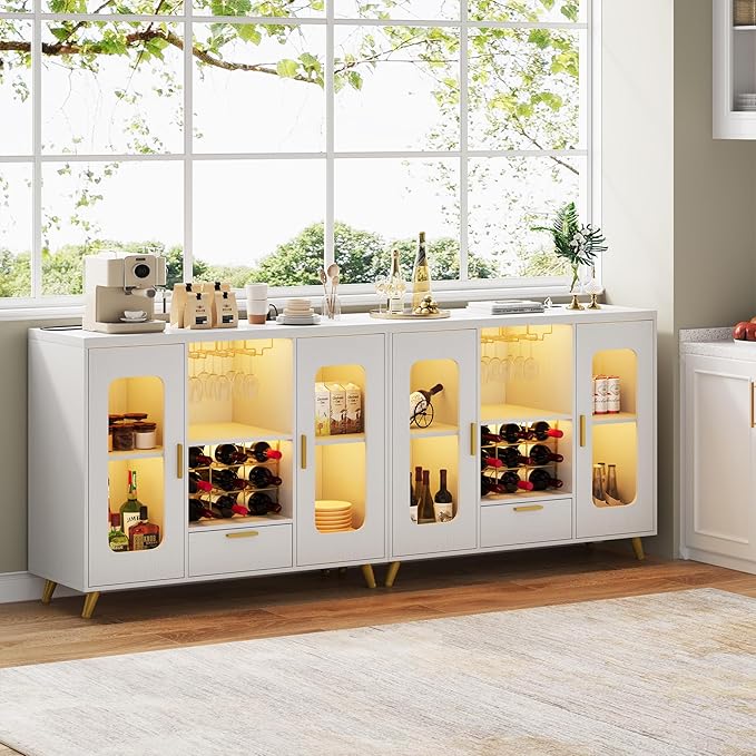 Bar Cabinet with Power Outlets, Modern Coffee Bar Sideboard with LED Light, Farmhouse Liquor Cabinet with Wine Rack, Glass Holder & Wine Storage, White