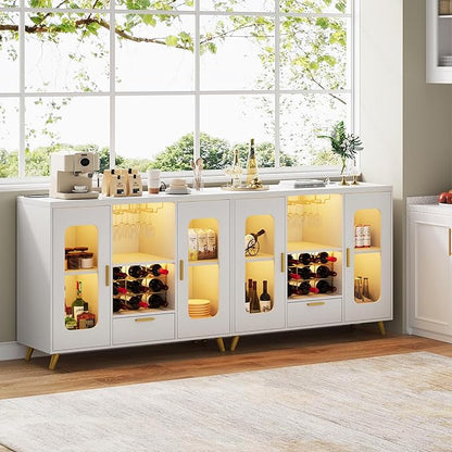 Bar Cabinet with Power Outlets, Modern Coffee Bar Sideboard with LED Light, Farmhouse Liquor Cabinet with Wine Rack, Glass Holder & Wine Storage, White