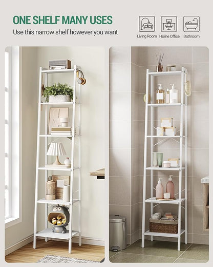Ladder Shelf, Bookshelf Bookcase, Freestanding Corner Storage Shelve with 2 Hooks for Home Office, Living Room, Kitchen, Bedroom, Industrial, 6-Tier White BC13313W
