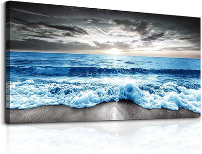 MHARTK66 Wall Art For Living Room Large Wall Decor For Office Modern Bedroom Wall Decor Blue Beach Sun Ocean Landscape Canvas Prints Wall Paintings Seascape Framed Pictures Artwork Home Decor 40x20
