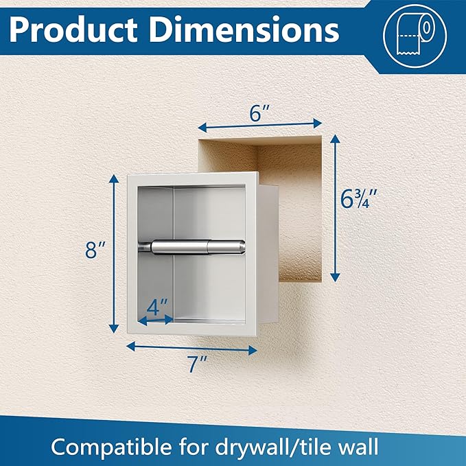 Neodrain Brushed Nickel Recessed Toilet Paper Holder - 304 Stainless Steel Built-in Wall Mount Bathroom Toilet roll Holder Tissue Dispenser for Mega Rolls (Brushed)
