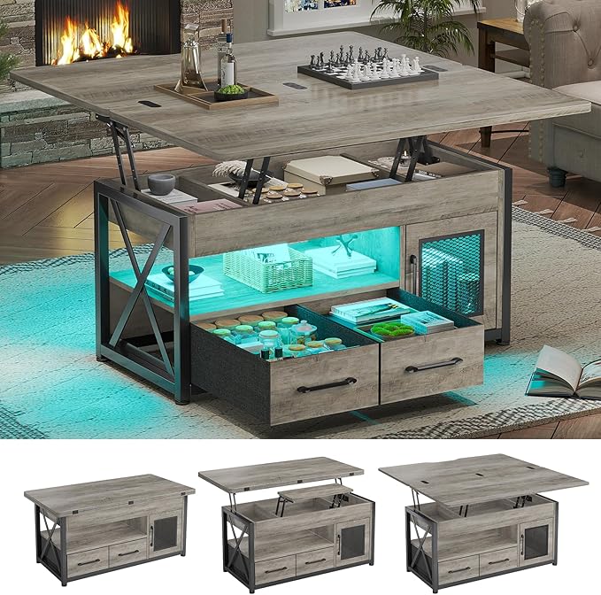 Itaar 40" Lift Top Coffee Table, 4 in 1 Coffee Tables with Storage Cabinet for Living Room, Small Farmhouse Coffee Table with 2 Fabric Drawers & LED Light for Dining Room, Grey