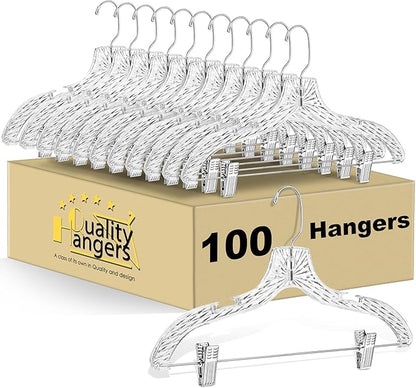 Quality Clear Plastic Skirt Hangers - 100 Pack Crystal Cut for Skirt, Pant, Dress, Suit, Coat Hangers Heavy Duty & Nonslip Design Adjustable Clips, Swivel Hook, 17" inch (100, Crystal Skirt)