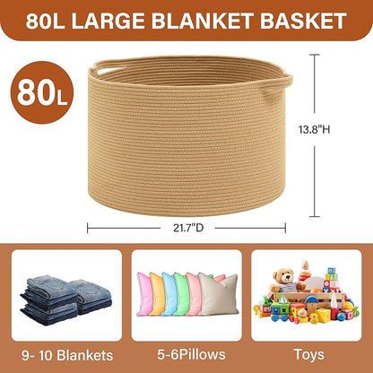 Foldable Laundry Hamper Basket with Collapsible Handle Cotton Rope Soft Woven Fabric Storage Organizer Clothes Toys Nursery Bedroom Dorm Space Saving Bin (Camel, 80L(21.7"D x 13.8"H))