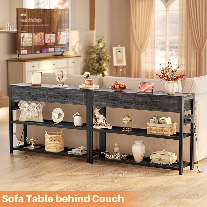 Ecoprsio Entryway Table with Outlets and USB Ports, Small Console Table with 2 Drawers, Sofa Table with Storage Shelves for Living Room, Couch, Hallway, Foyer, Kitchen Counter, 32'', Grey Oak
