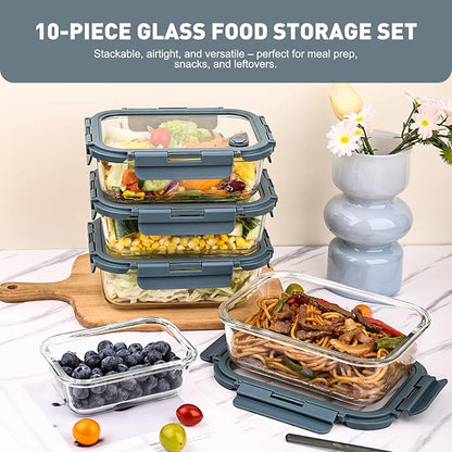 Liuruiyu 10 Pack Glass Food Storage Containers with Glass Lids, Airtight Meal Prep Containers, Leak-Proof Bento Boxes for Microwave, Oven, Freezer & Dishwasher, BPA-Free