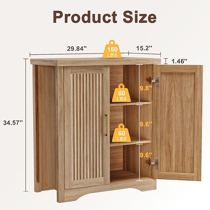 Fluted Buffet Cabinet with Storage Accent Sideboard,Modern Credenza with 2 Doors & Adjustable Shelves,Wood Coffee Bar Table Console for Dining Room Kitchen Living Room Entryway,Natural Oak