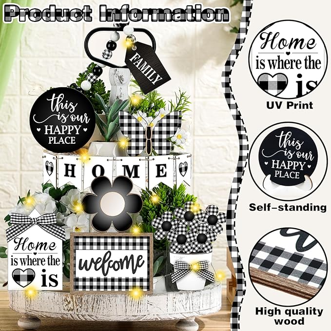 11 Pcs Home Tiered Tray Decor Buffalo Plaid Black White Rustic Farmhouse Tiered Tray Decorations Set Home Wooden Signs Vintage Farm Animal Tabletop Wood Signs for Kitchen Table Shelf Decor