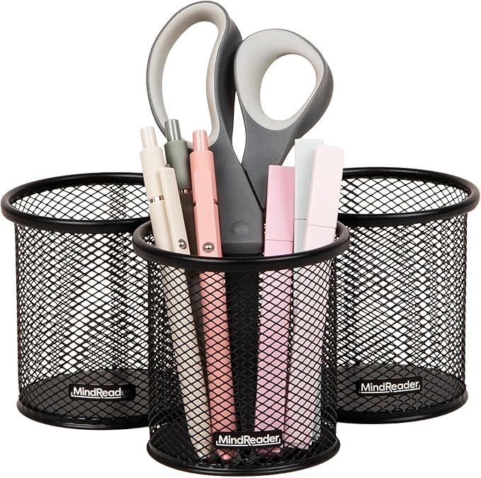 Mind Reader Pen and Accessories Holder, Desktop Organizer, Office, Metal Mesh, 3.5"L x 3.5"W x 3.75"H, Set of 3, Black