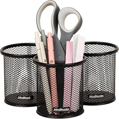 Mind Reader Pen and Accessories Holder, Desktop Organizer, Office, Metal Mesh, 3.5"L x 3.5"W x 3.75"H, Set of 3, Black