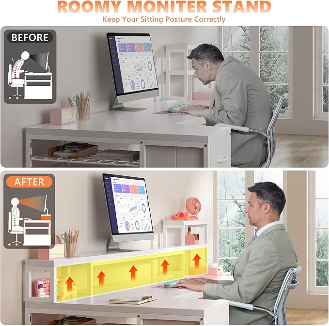EnHomee 71" L Shaped Gaming Desk with LED Lights,White Computer Desk with Drawers and Printer Shelf,Power Outlet,Reversible Home Office Desks with Storage and Monitor Stand