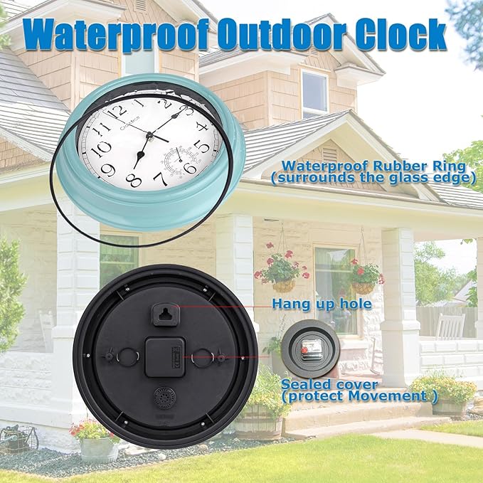 12 Inch Outdoor Clock Waterproof with Thermometer,Vintage Indoor Outdoor Wall Clocks for Patio, Pool, Garden, Bathroom Wall Decor - Teal