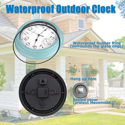 12 Inch Outdoor Clock Waterproof with Thermometer,Vintage Indoor Outdoor Wall Clocks for Patio, Pool, Garden, Bathroom Wall Decor - Teal