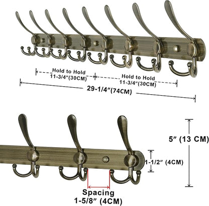 Dseap Coat Rack Wall Mount - 29.5” Long 8-Tri-Hooks Heavy Duty Coat Hanger Rail Wall Hooks for Hanging Coats Hats Clothing Clothes Purse Mudroom Entryway, Bronze, Pack of 2