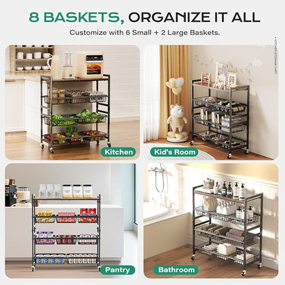 Cinati 4-Tier Utility Kitchen Cart with Wood Top, 29" W Kitchen Storage Cart with 8 Baskets & Handle, Metal Snack Cart with Wheels, Adjustable Pantry Organizer and Storage Cart for Fruit, Vegetables