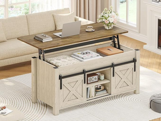 SEDETA Lift Top Coffee Table, Farmhouse Lift Tabletop Dining Table, Gas Spring, Hidden Compartment, Open Storage Shelf, for Living Room, White Brown