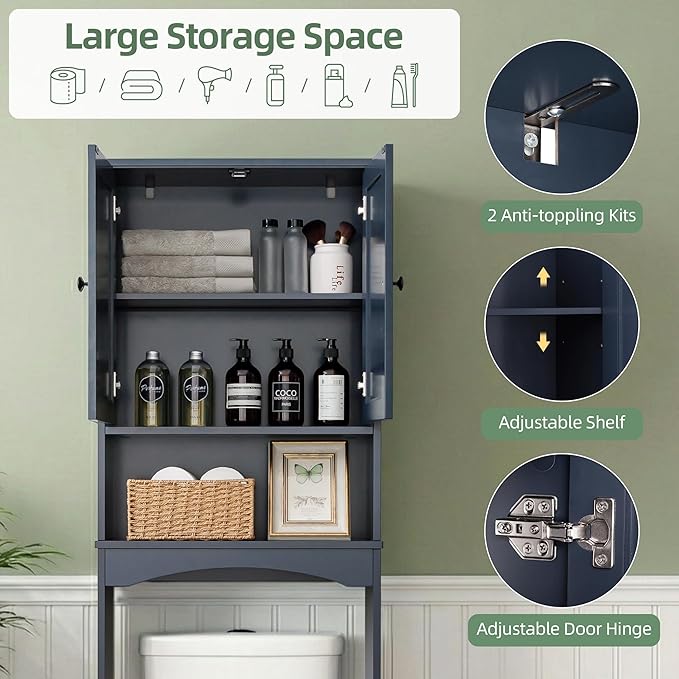 Over The Toilet Storage Cabinet, Above Toilet Organizer with 2 Rattan Doors, Modern Blue Finish, 24x70 inch Space Saving Freestanding Bathroom Cabinet